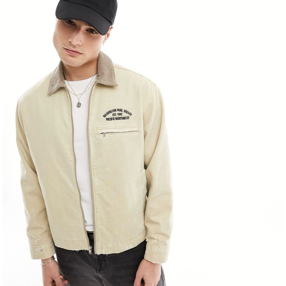 Abercrombie Men's Beige Jacket with Embroidered Detail trucker, Detroit, nwot S